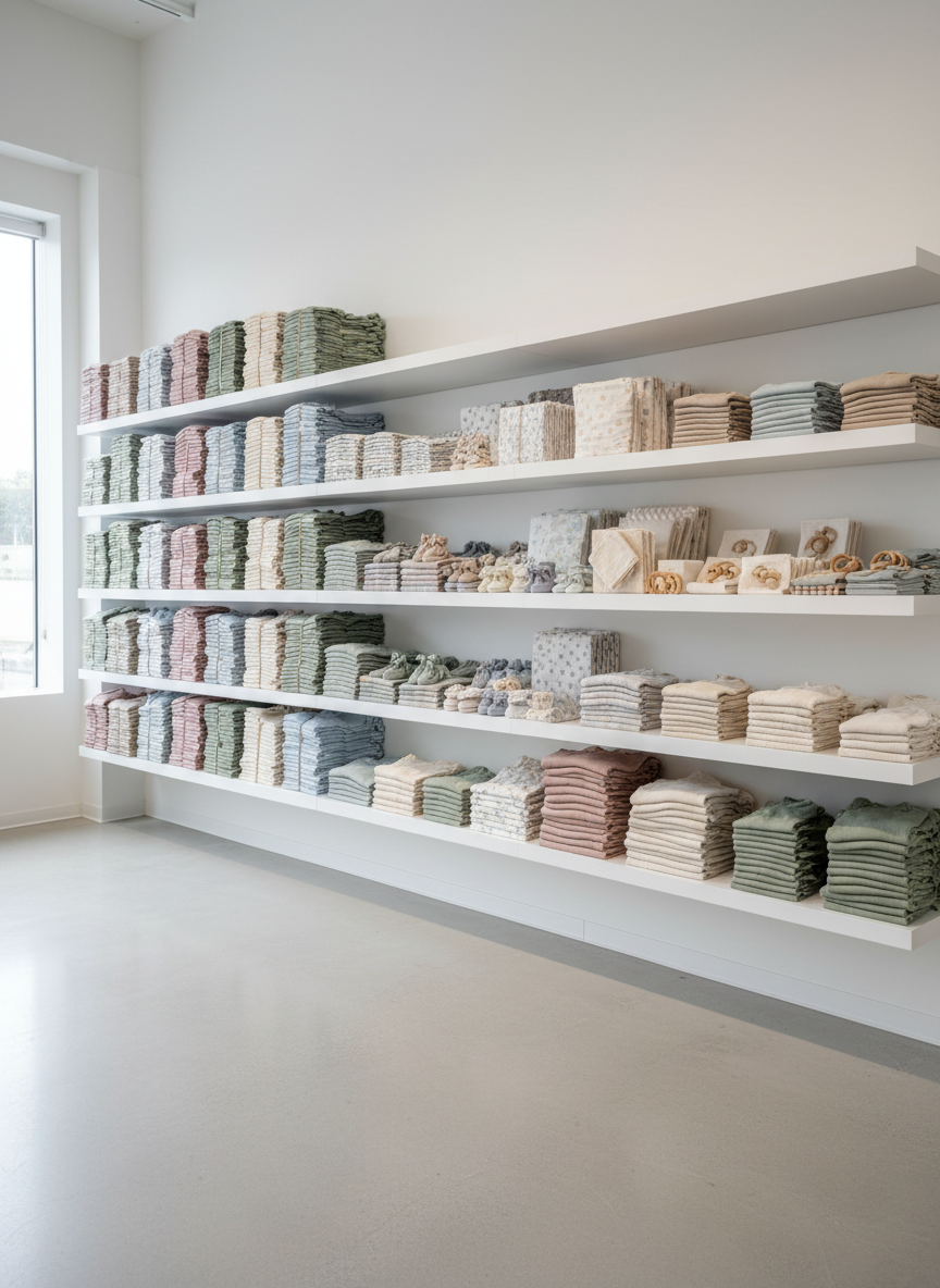 A neatly organized display of premium newborn essentials arranged on sleek white shelving in a clean wholesale showroom. Rows of tiny organic cotton onesies in muted pastels, soft muslin swaddles, and miniature knit booties are stacked in generous bulk quantities, each style grouped in tall, uniform piles. The setting is a bright, spacious studio with a matte light grey floor and no signage, emphasizing a professional B2B environment rather than retail. Soft, diffused daylight from large unseen windows creates even, shadow-free illumination, highlighting textures and folds. Photographic realism with an elevated, slightly wide-angle view shows the entire wall display sharply focused, conveying abundance, order, and reliability for verified buyers sourcing newborn products in volume.